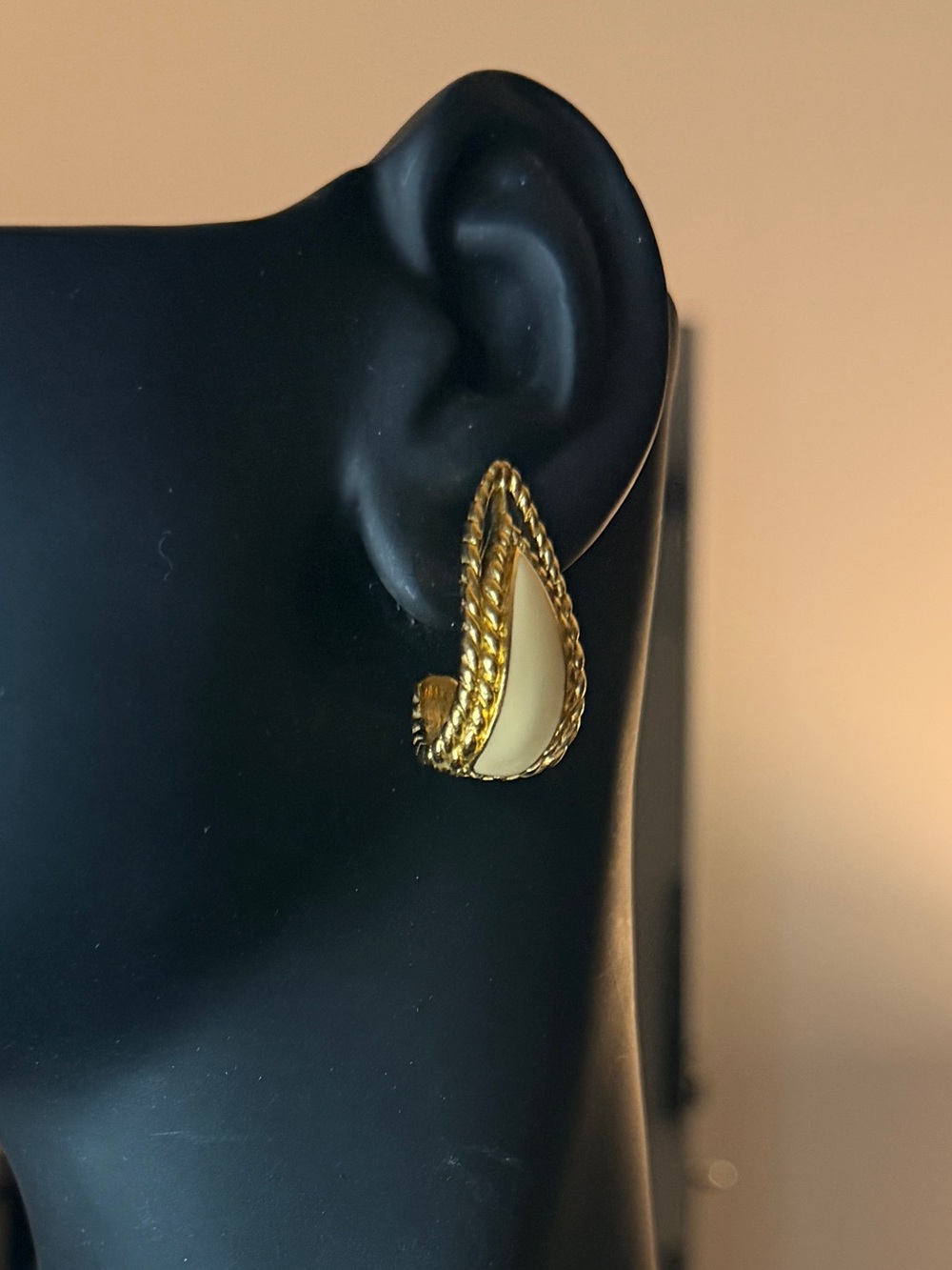Trifari Gold-Tone Rope-Edge Clip Earrings with Cream Enamel